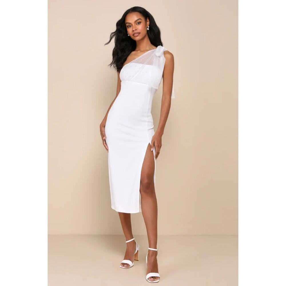 NWT Lulus Elegant Indication Ivory Mesh Pearl One-Shoulder Midi Dress Size XS